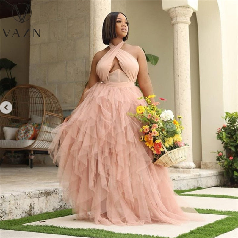 2021 Tulle Lace Women Elegant Fashion Maxi Dress