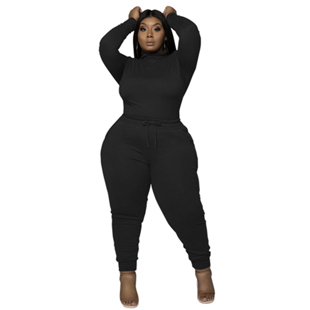 Plus Size Women's Clothing L-5XL Solid Color Turtleneck Two Piece Set Oversize Long Sleeve Casual Outfits Elastic Matching Sets