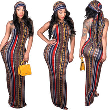 Load image into Gallery viewer, Vintage Striped Printed Bandage Bodycon Dress  With Head Scarf
