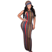 Load image into Gallery viewer, Vintage Striped Printed Bandage Bodycon Dress  With Head Scarf
