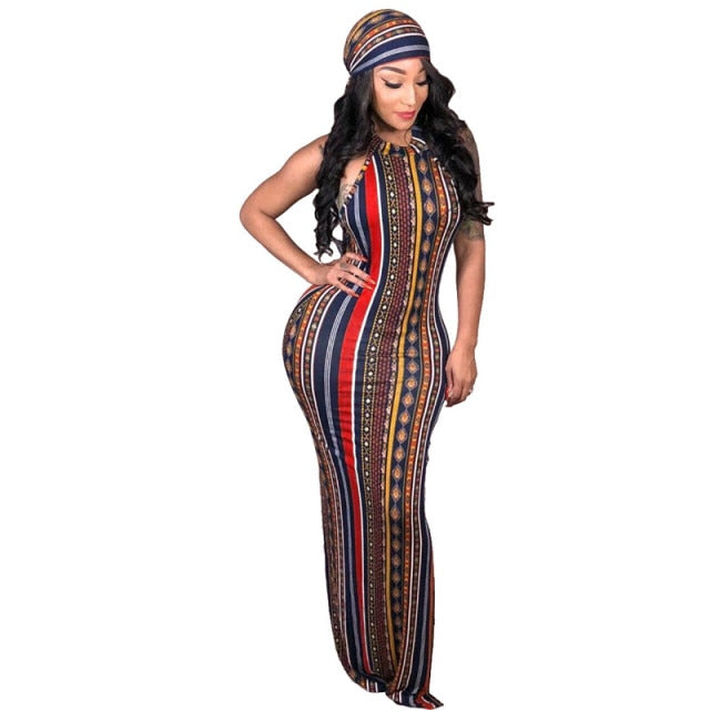 Vintage Striped Printed Bandage Bodycon Dress  With Head Scarf