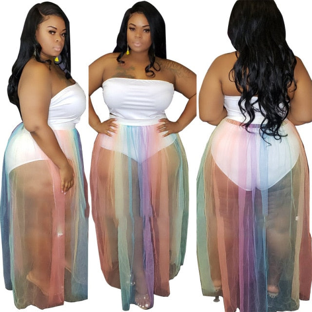 Sheer Mesh Rainbow Stripe Maxi Skirt