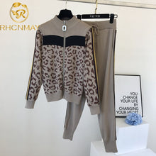Load image into Gallery viewer, Tracksuit Women Leopard Knit Zip Cardigan Tops+Pants Suit
