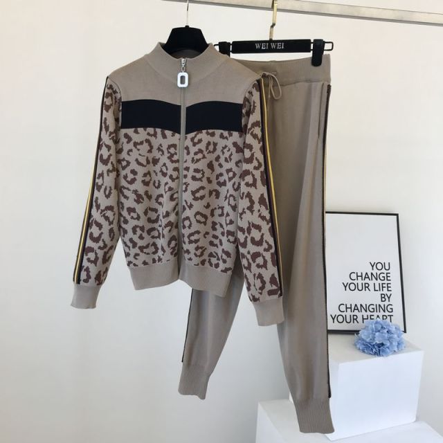 Tracksuit Women Leopard Knit Zip Cardigan Tops+Pants Suit